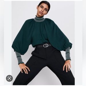 Zara Green Smocked High Neck Blouse